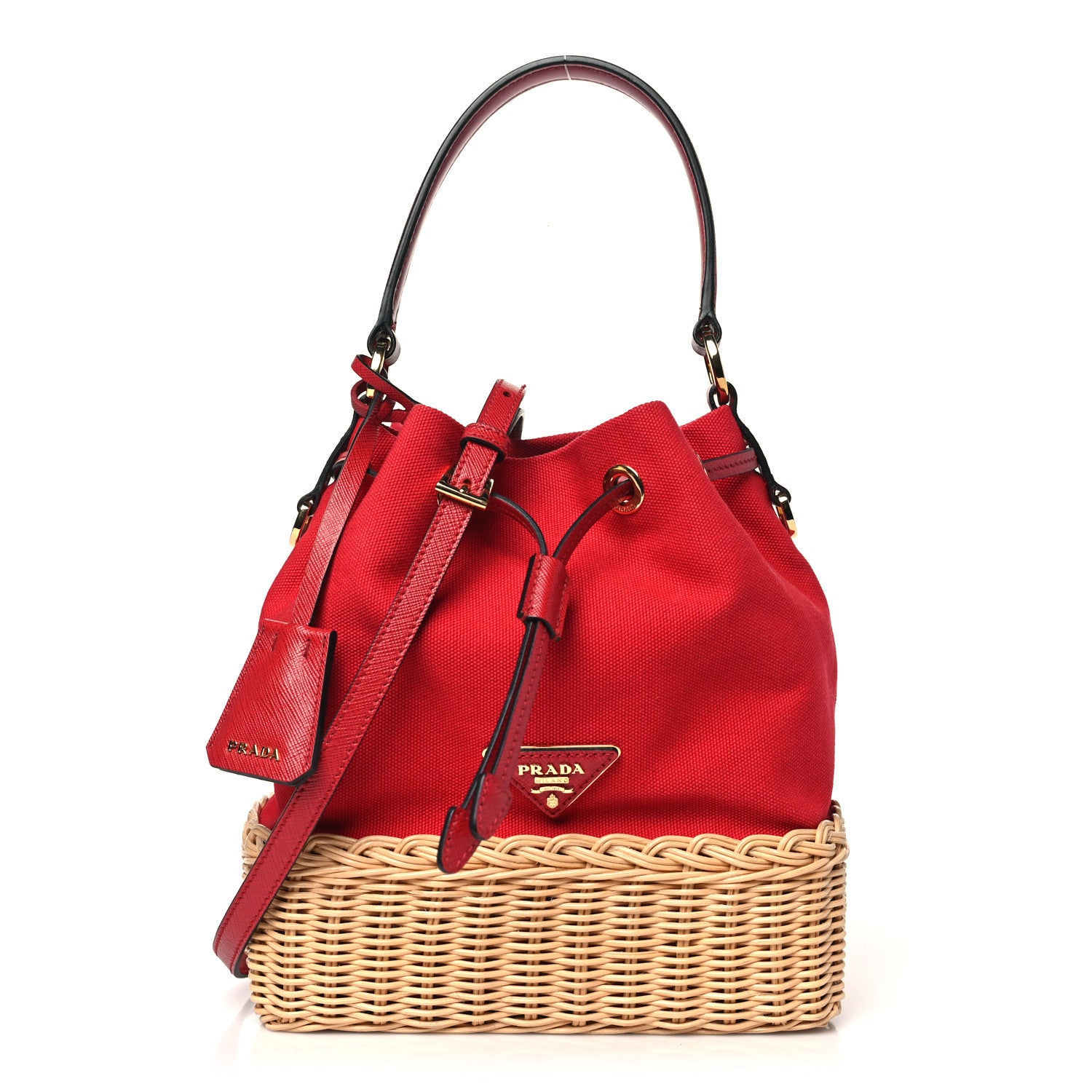 Prada Wicker Canvas Saffiano Bucket Bag Naturale Rosso 1 of 11