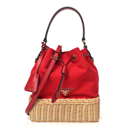 Prada Wicker Canvas Saffiano Bucket Bag Naturale Rosso 1 of 11