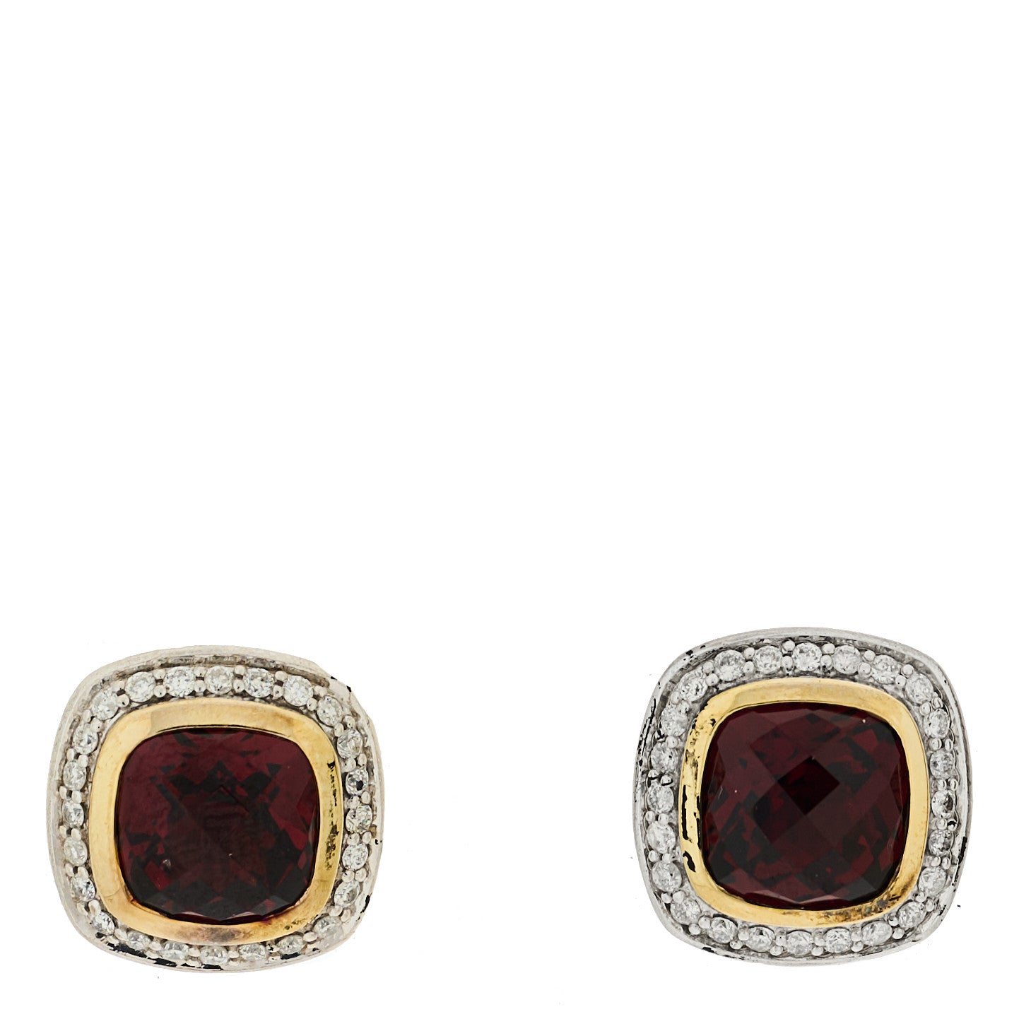 David Yurman Sterling Silver 18K Yellow Gold Diamond Garnet 7mm Petite Albion Earrings 1 of 4