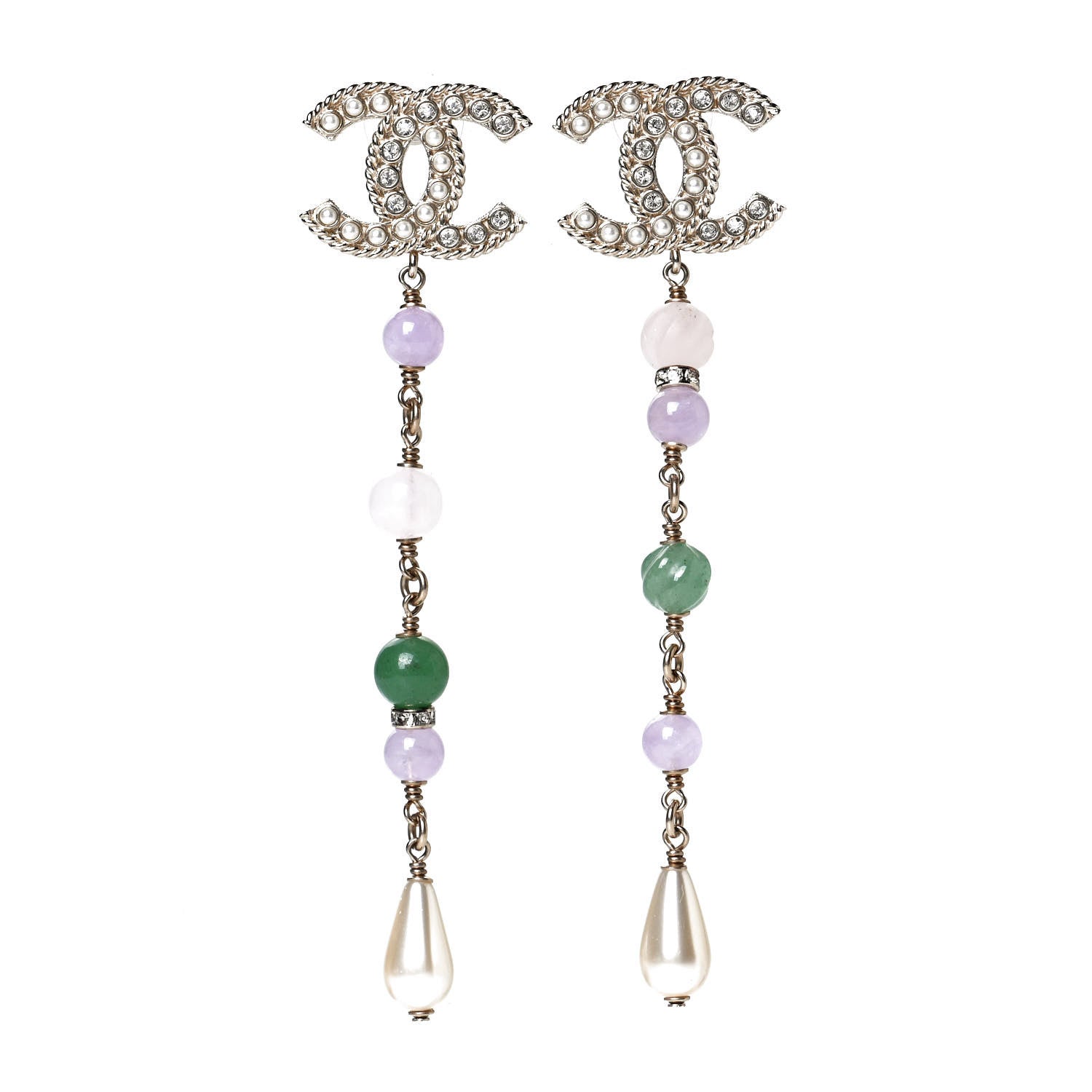 Chanel Crystal Pearl Beaded CC Long Drop Earrings Gold Multicolor 1 of 5