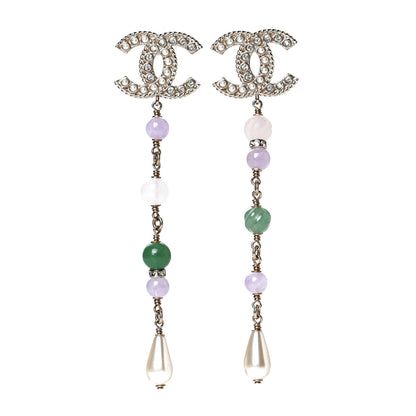 Chanel Crystal Pearl Beaded CC Long Drop Earrings Gold Multicolor 1 of 5