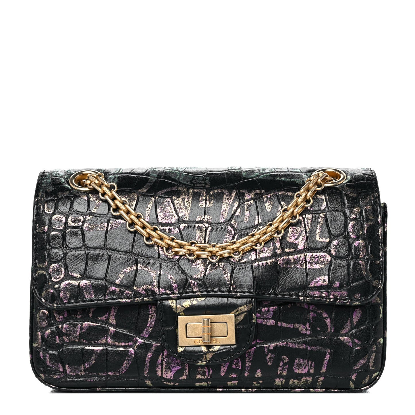 Calfskin Crocodile Embossed Graffiti 2.55 Mini Cocodile Reissue Flap Black Pink