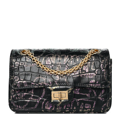 Chanel Calfskin Crocodile Embossed Graffiti 2.55 Mini Cocodile Reissue Flap Black Pink 1 of 9
