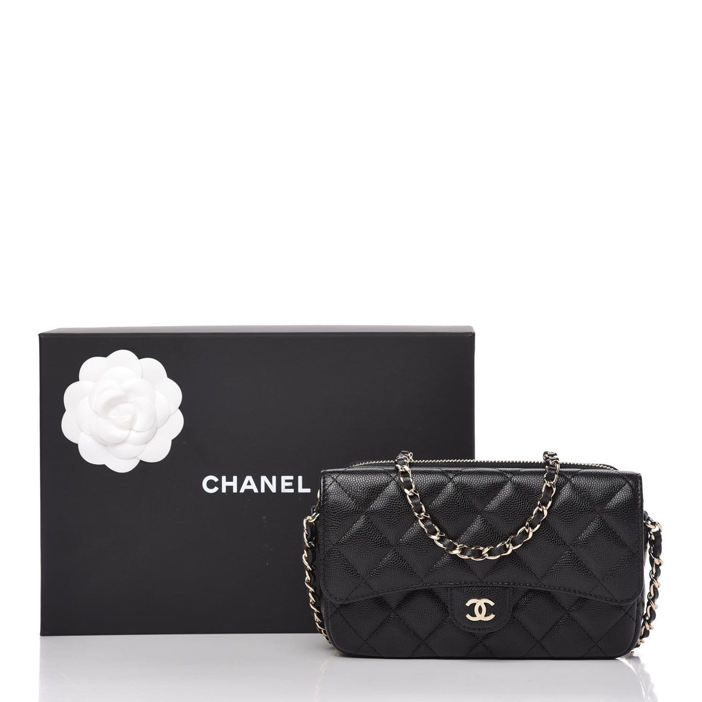 Caviar Quilted Flap Phone Holder With Chain Black