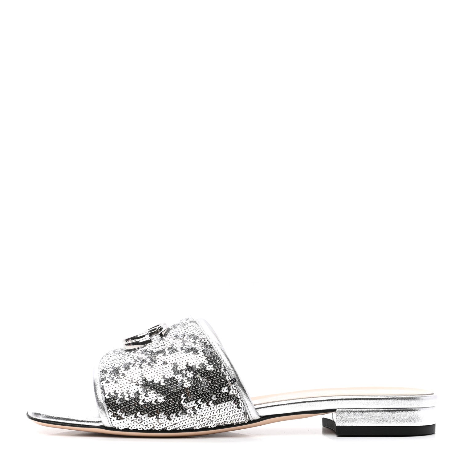 Gucci Sequin Metallic Nappa GG Marmont Flat Slide Sandals 39 Silver 1 of 9