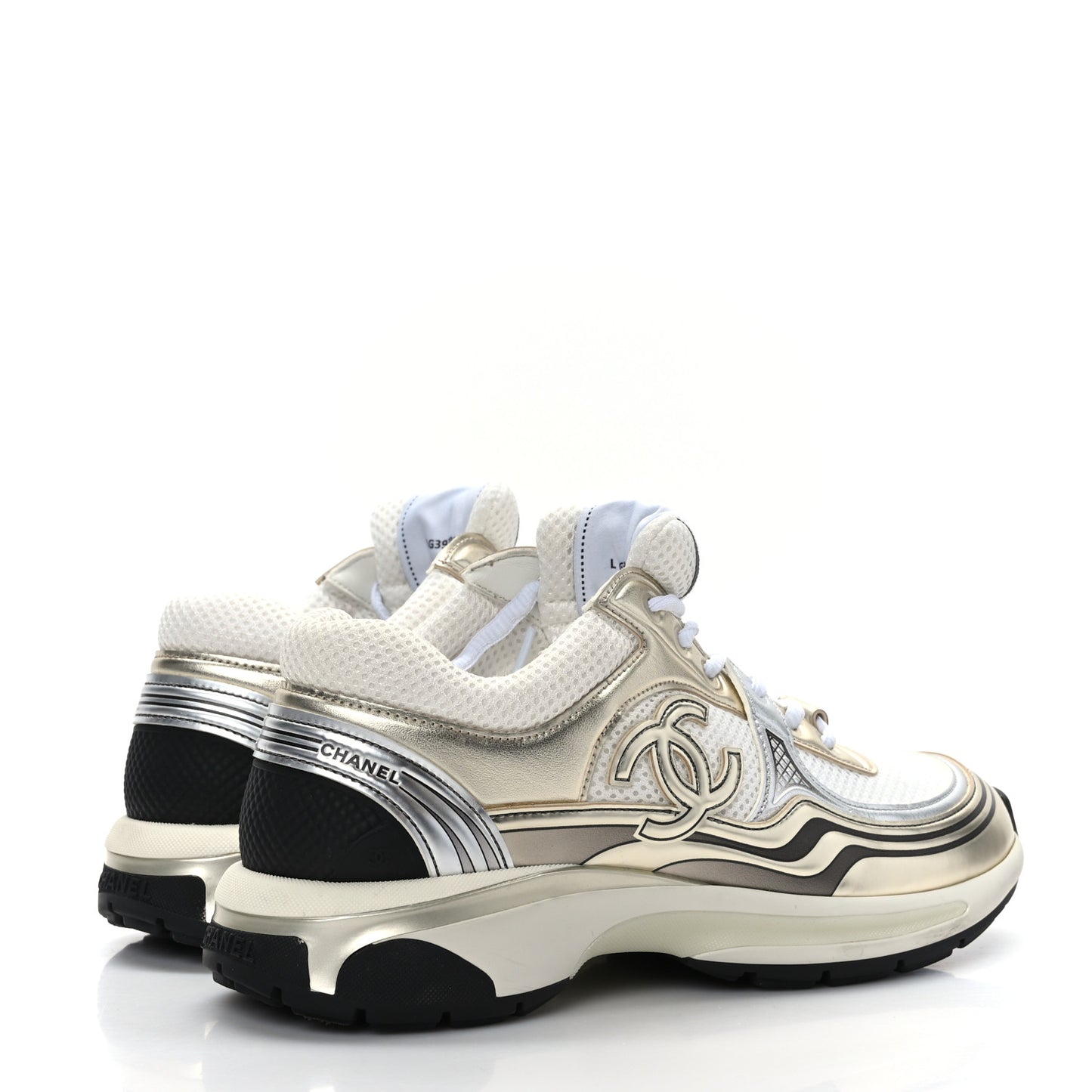 Fabric Laminated Calfskin Stretch CC Womens Sneakers 40 White Gold Silver
