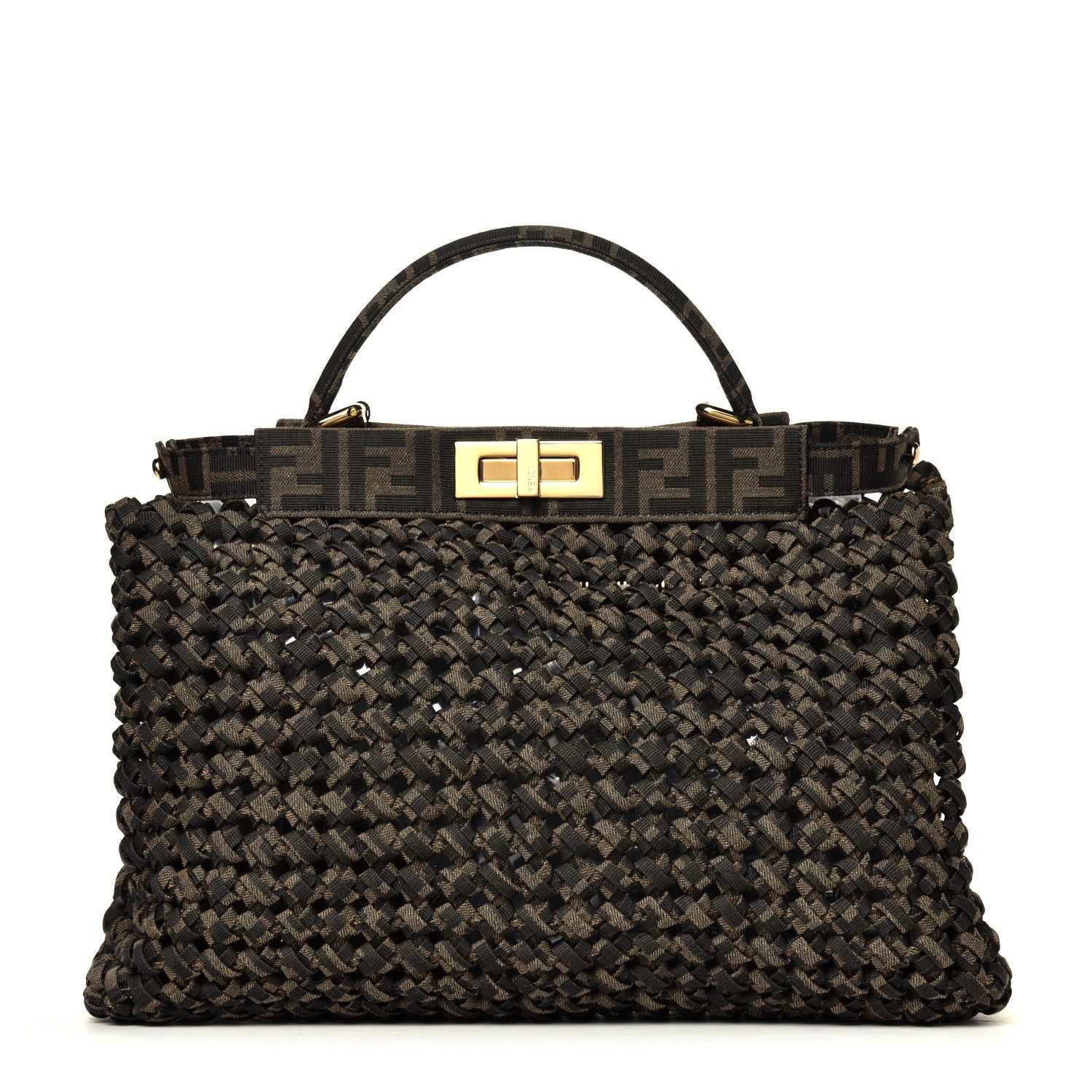 Fendi Fabric Jacquard FF 1974 Woven Knotted Medium Peekaboo Iconic Satchel Tobacco Moro 1 of 6