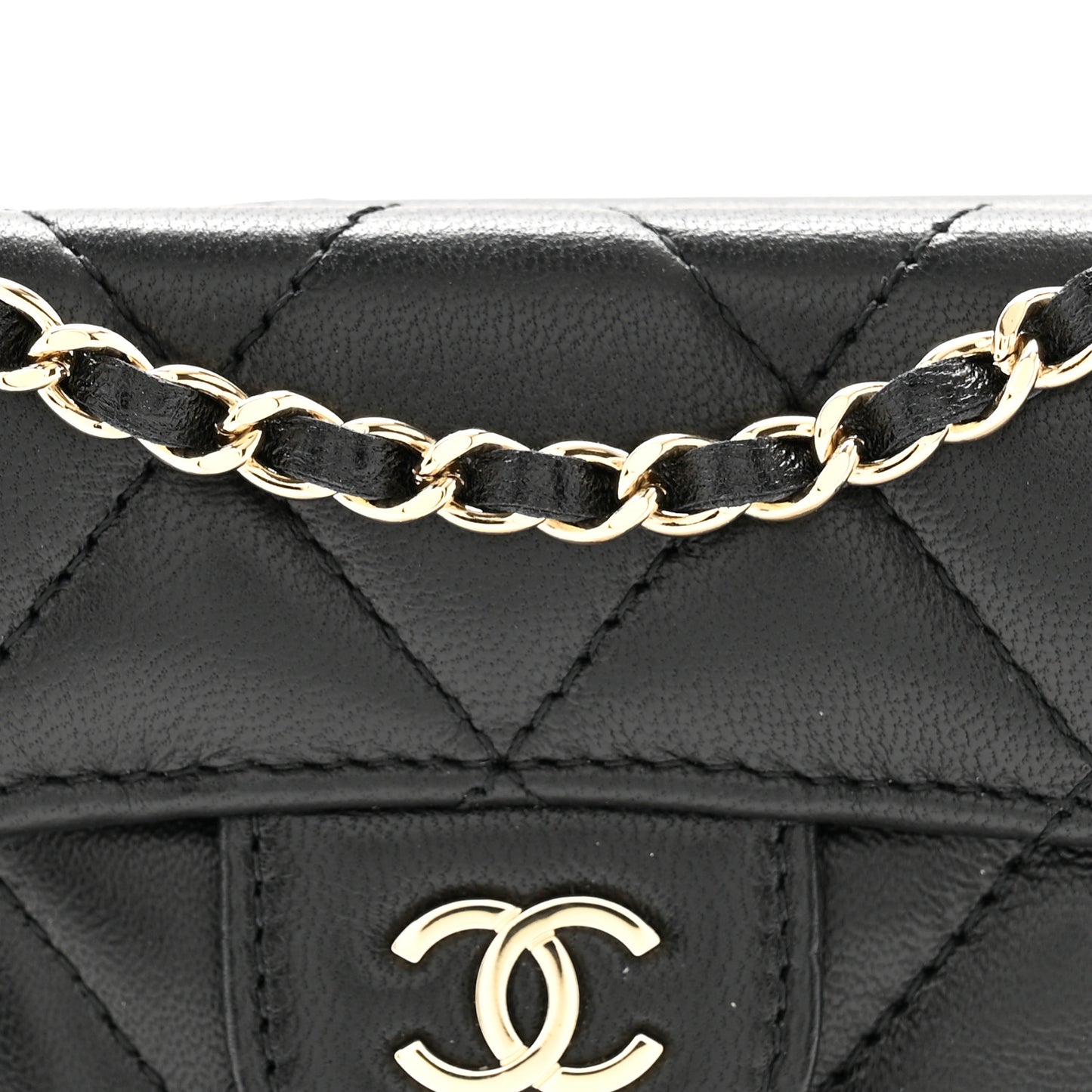 Lambskin Quilted Pearl Crush iPhone XII Pro Holder With Chain Black