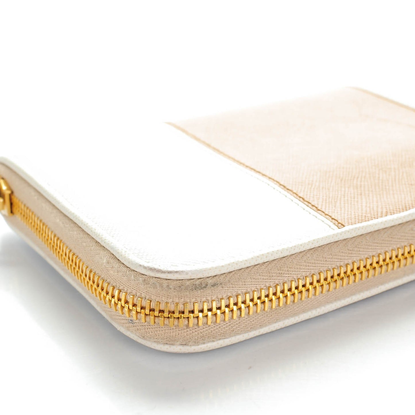 Saffiano Bi-Color Metal Zip Around Wallet Talco Caramel