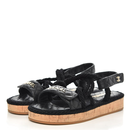 Chanel Cord Lambskin Quilted Logo Sandals 37 Black 3 of 8