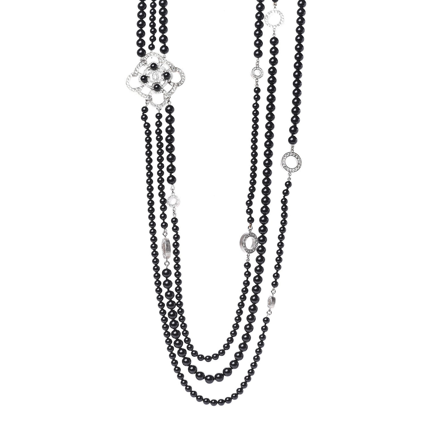 Beaded Crystal CC Triple Strand Necklace Black