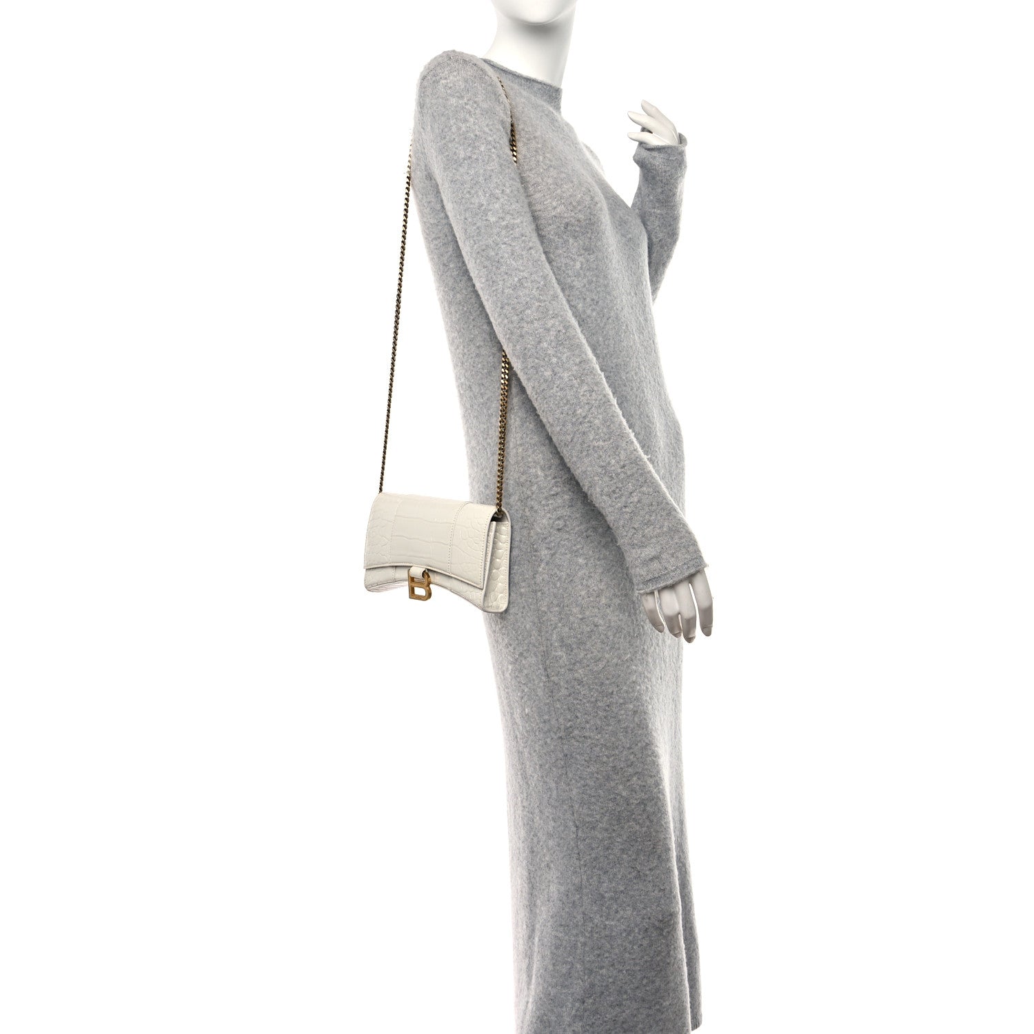 Balenciaga Shiny Calfskin Crocodile Embossed Hourglass Chain Bag White 2 of 9