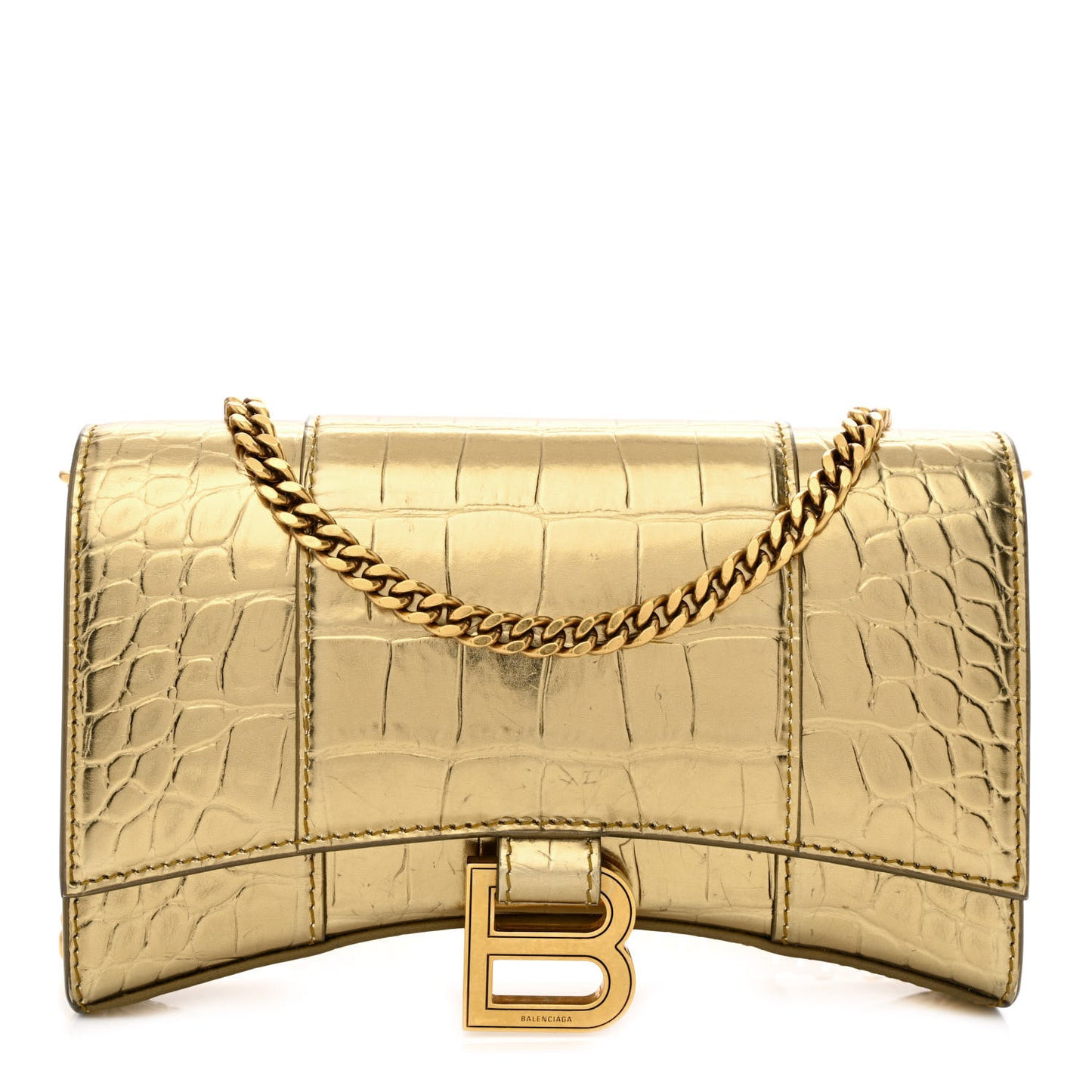 Metallic Calfskin Crocodile Embossed Hourglass Chain Bag Gold