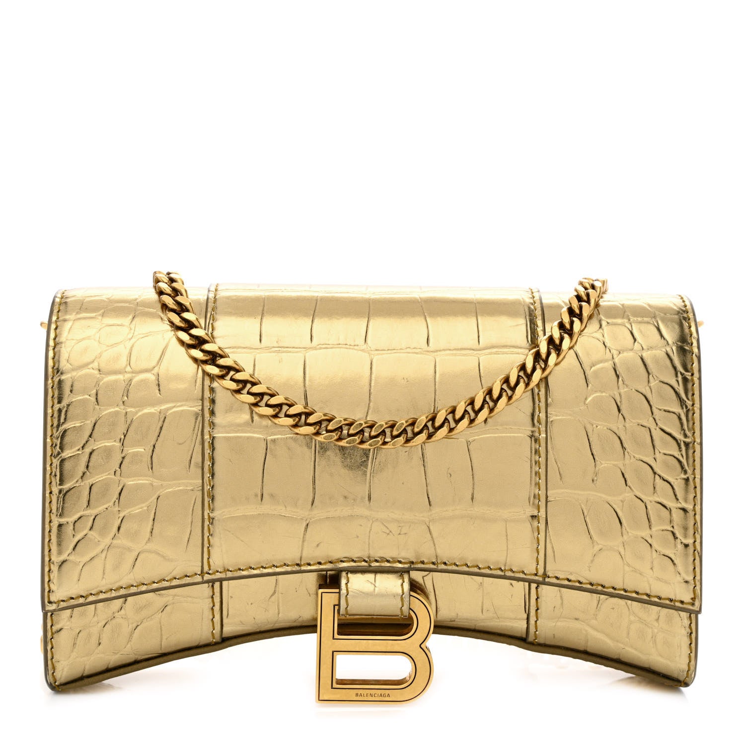 Balenciaga Metallic Calfskin Crocodile Embossed Hourglass Chain Bag Gold 1 of 11