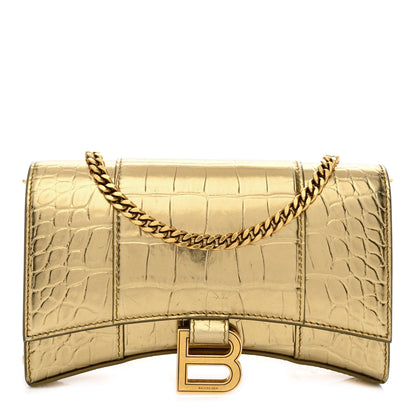 Balenciaga Metallic Calfskin Crocodile Embossed Hourglass Chain Bag Gold 1 of 11