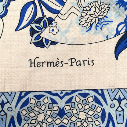 Hermes Cashmere Silk Fleurs et Papillons De Tissus Giant Triangle Scarf Naturel Ciel Marine 2 of 5