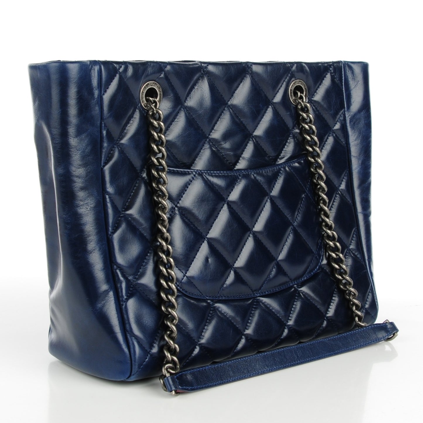 Glazed Calfskin Quilted Small Duo Color Tote Dark Navy Blue