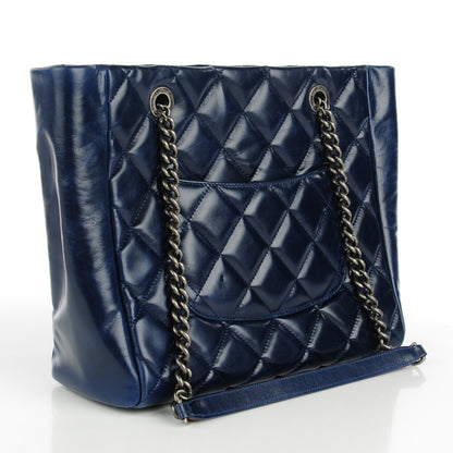 Chanel Glazed Calfskin Quilted Small Duo Color Tote Dark Navy Blue 3 of 7