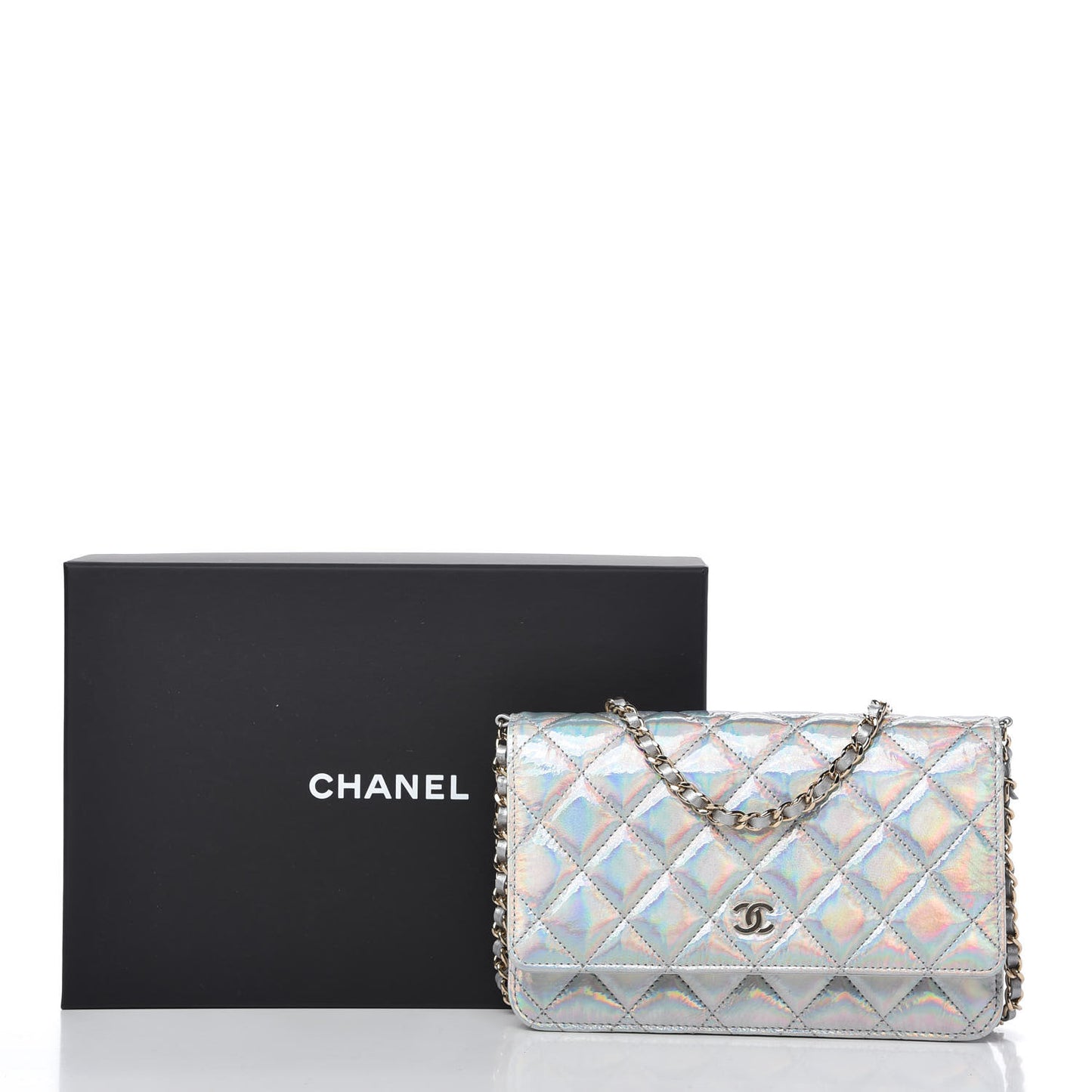 Iridescent Goatskin Quilted Wallet On Chain WOC Silver