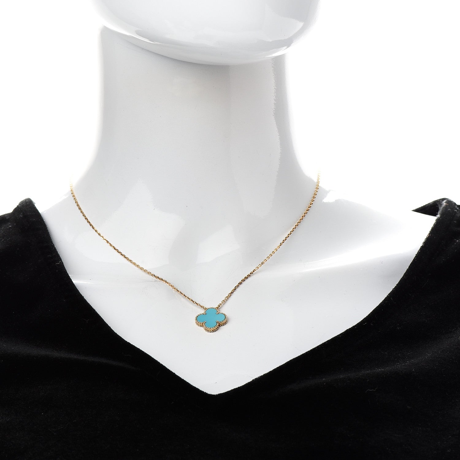 Van Cleef & Arpels 18K Yellow Gold Turquoise Vintage Alhambra Pendant Necklace 2 of 6