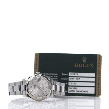 Rolex Stainless Steel 18K White Gold Diamond 31mm Oyster Perpetual Datejust Watch Silver 178274 8 of 8