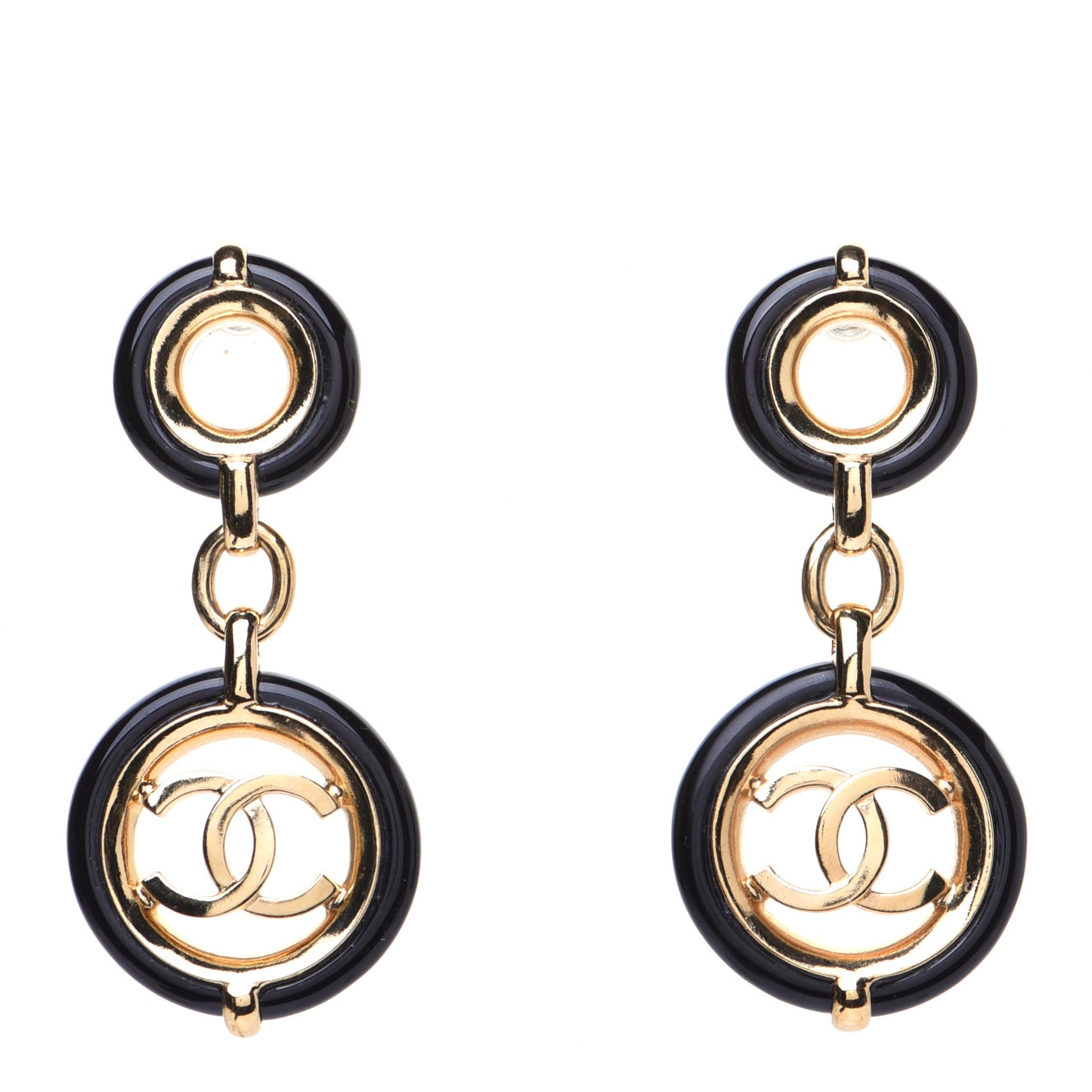 Metal Resin CC Round Drop Earrings Black Gold