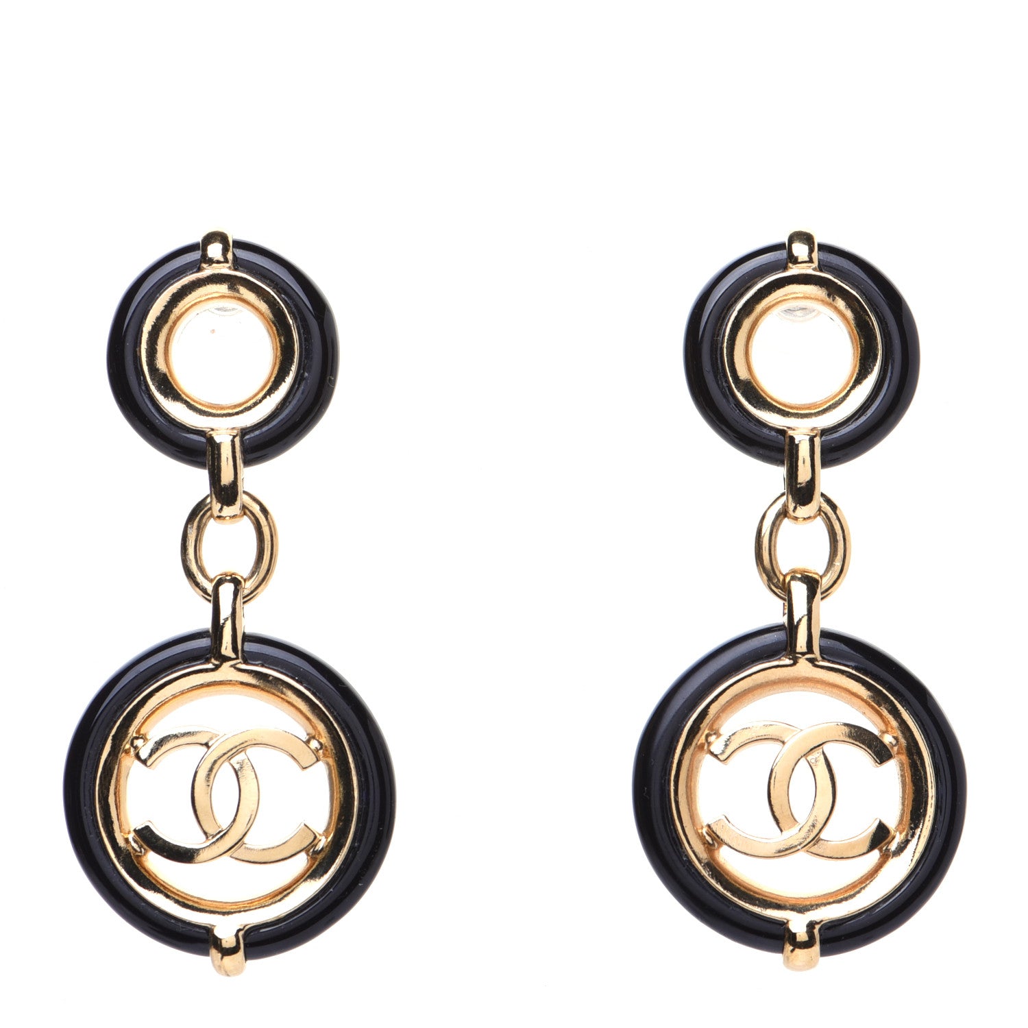 Chanel Metal Resin CC Round Drop Earrings Black Gold 1 of 7