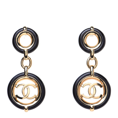 Chanel Metal Resin CC Round Drop Earrings Black Gold 1 of 7
