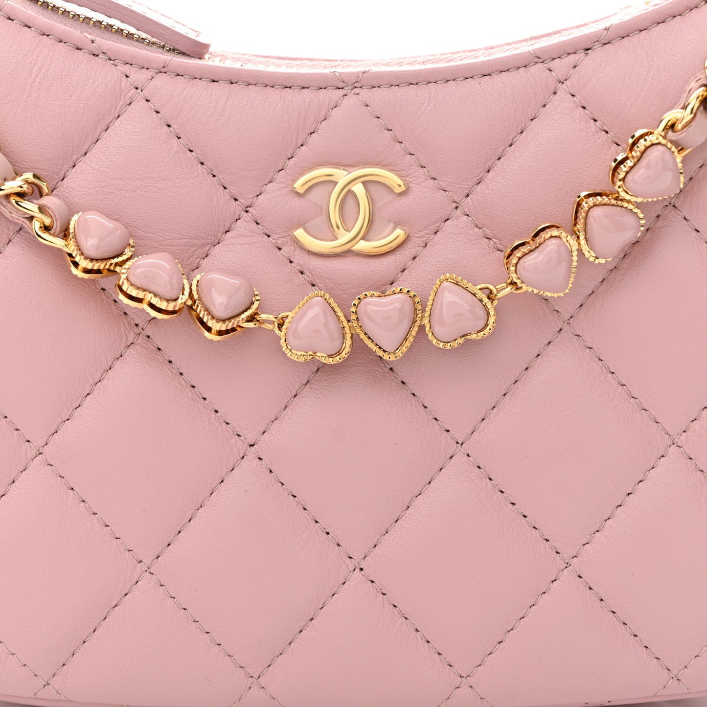 Shiny Crumpled Calfskin Quilted Enamel Heart Hobo Light Pink