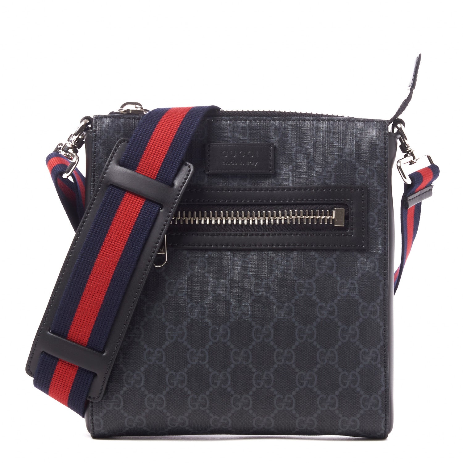 Gucci GG Supreme Monogram Web Small Flat Messenger Bag Black Grey 1 of 10