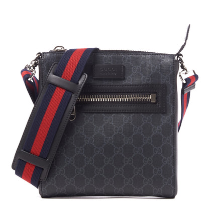 Gucci GG Supreme Monogram Web Small Flat Messenger Bag Black Grey 1 of 10