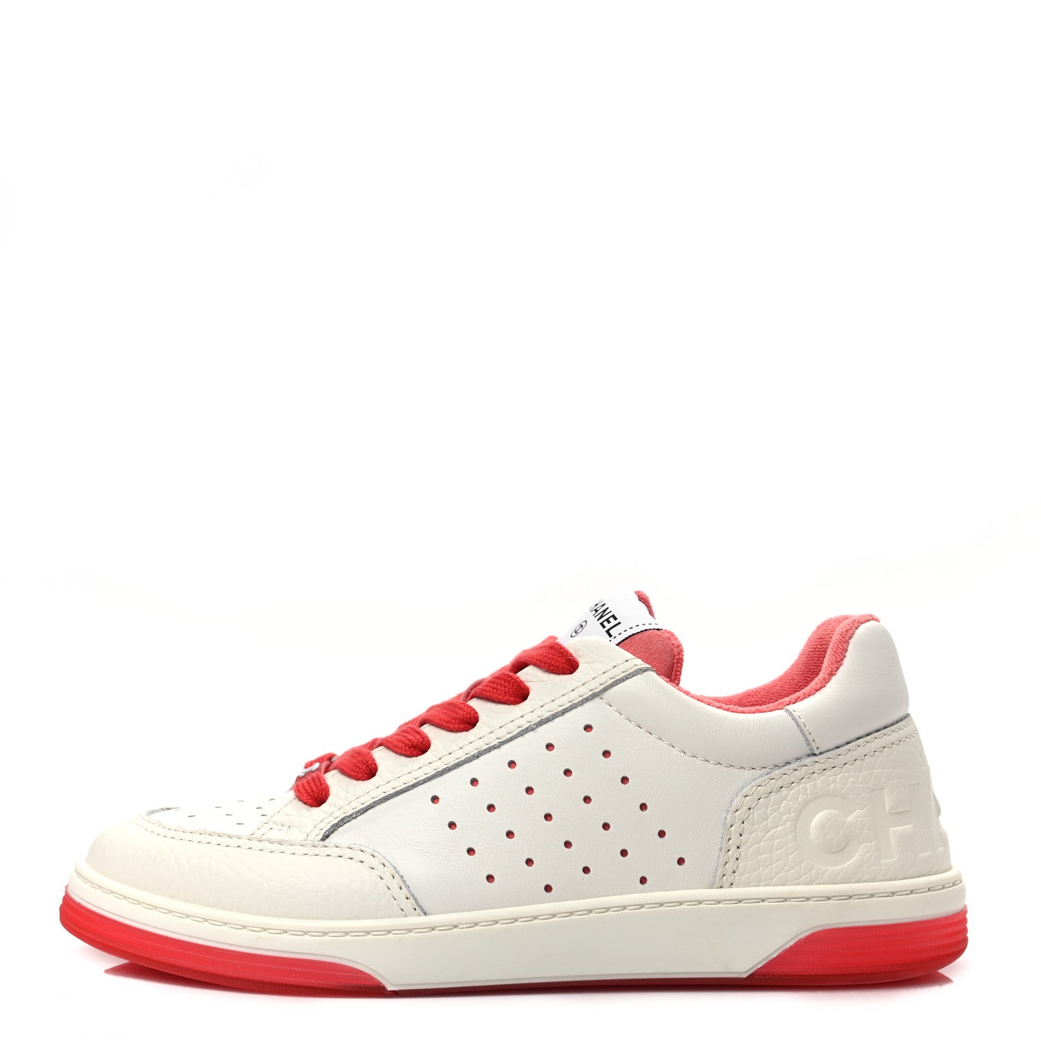 Chanel Grained Calfskin Fabric Womens Logo Sneakers 39 White Red 1 of 8