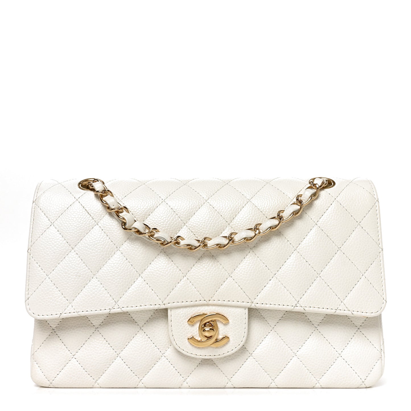 Caviar Quilted Medium Double Flap White