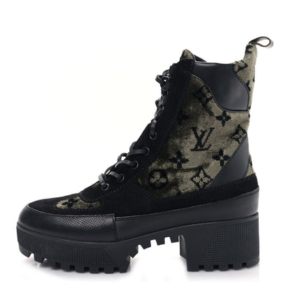 Louis Vuitton Velvet Calfskin Monogram Laureate Platform Desert Boots 39 Black Green 1 of 7