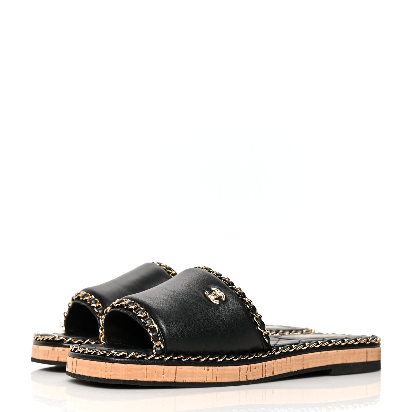Lambskin Chain Cork Slide Sandals 39 Black