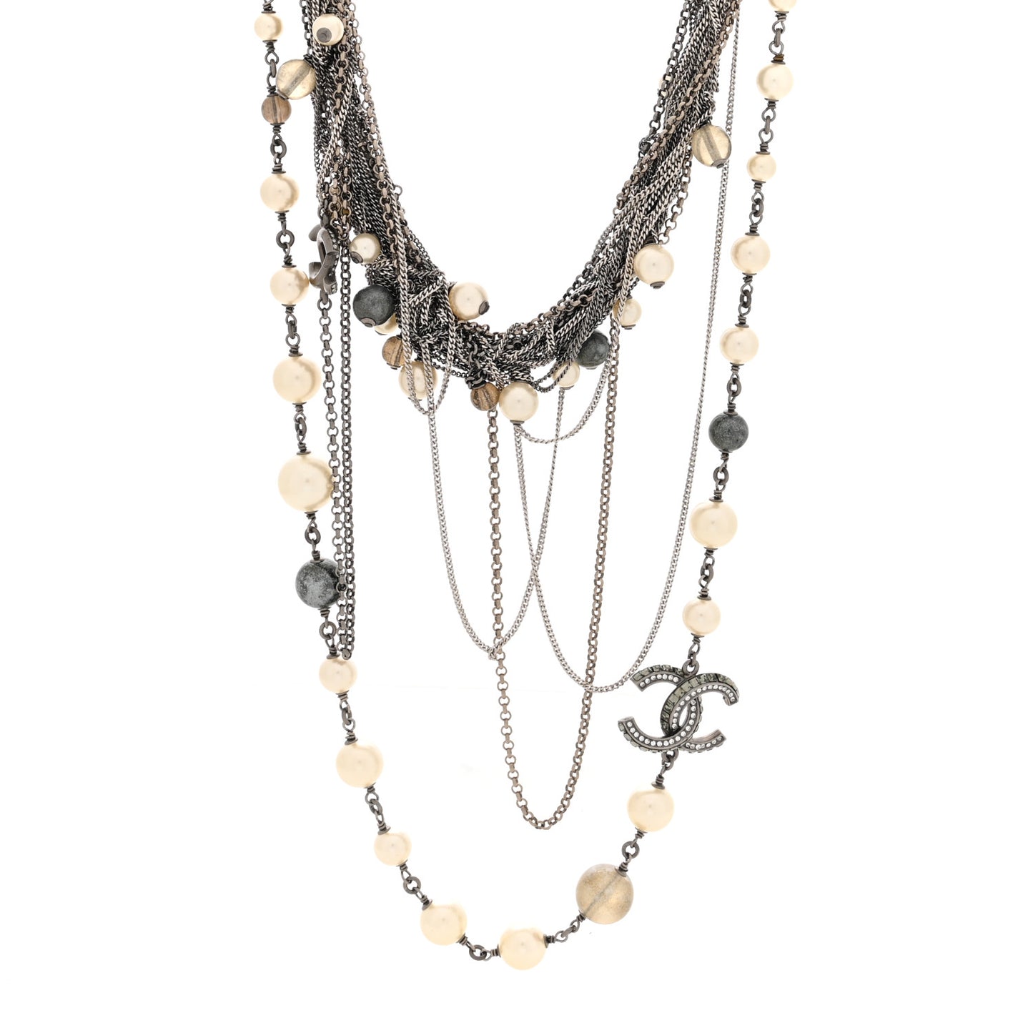 Pearl Beaded Crystal CC Multi Strand Necklace Ruthenium