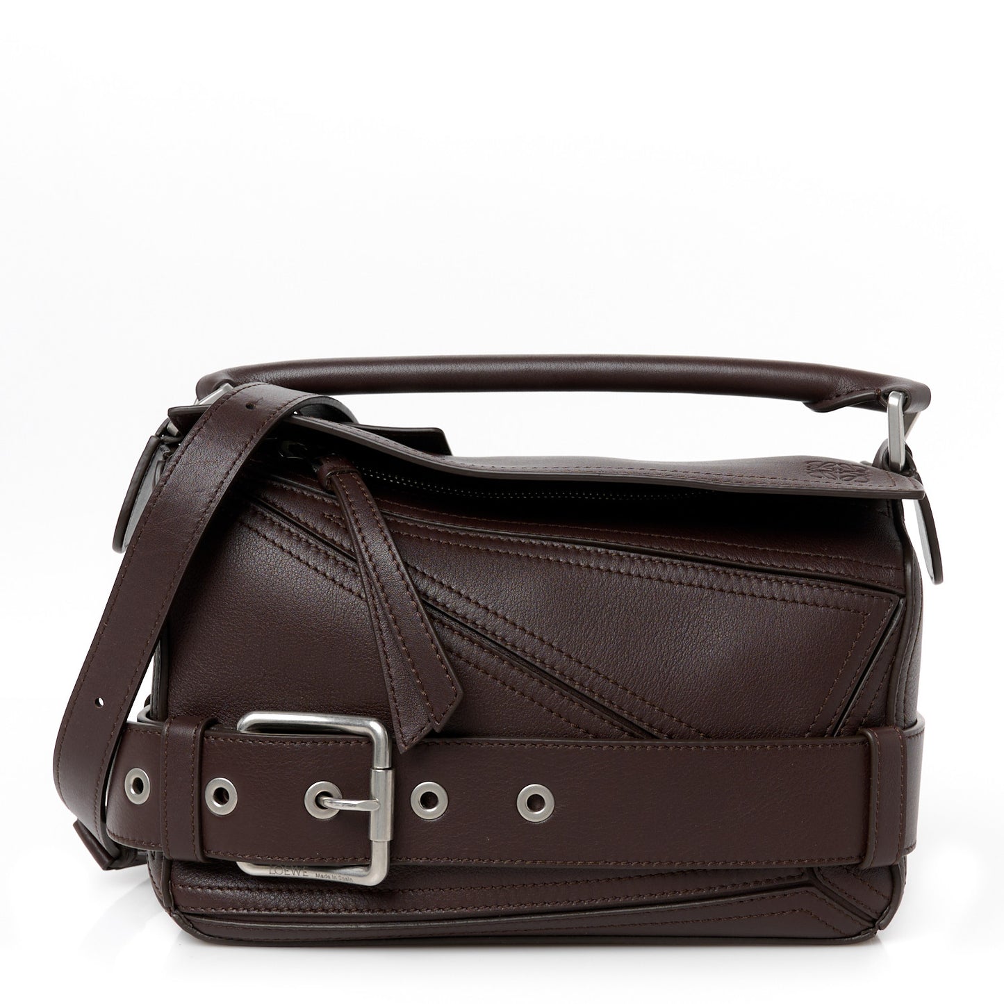 Shiny Calfskin Small Puzzle Biker Bag Dark Brown