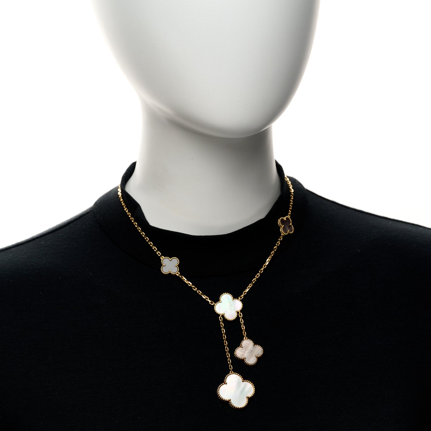 18K Yellow Gold Mother of Pearl Onyx 6 Motifs Magic Alhambra Necklace