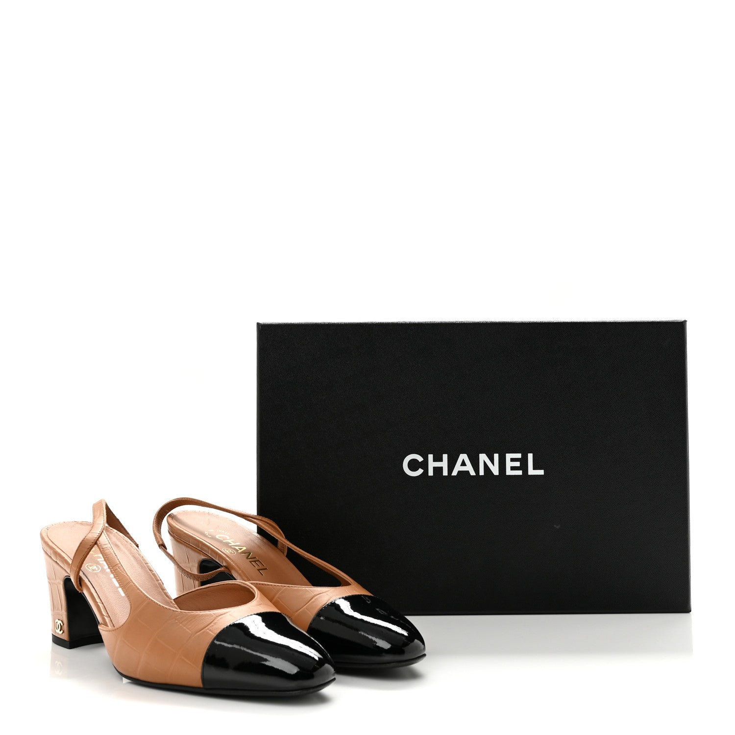 Chanel Calfskin Crocodile Embossed Patent Cap Toe CC Slingback Pumps 38.5 Light Brown Black 10 of 10