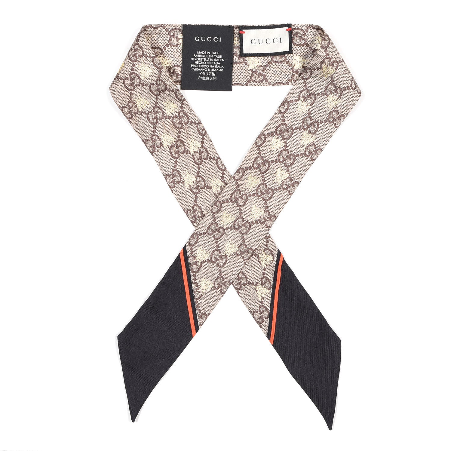 Gucci Silk Twill GG Monogram GG Bee Neck Bow Scarf Black Red 1 of 2