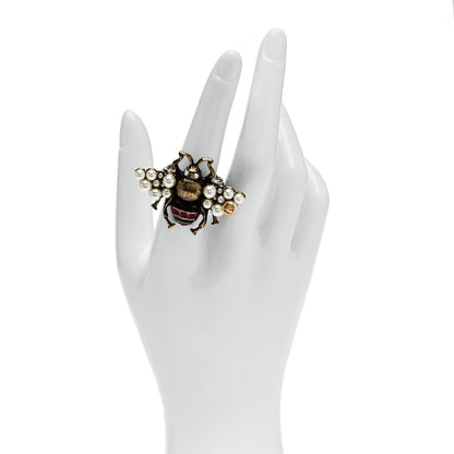 Gucci Metal Crystal Pearl Bee Ring 54 7 Aged Gold 2 of 7
