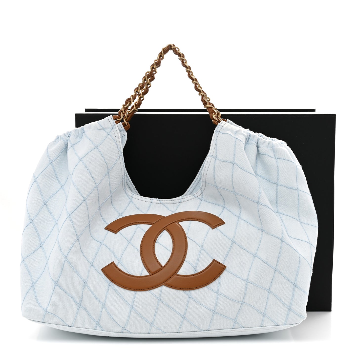 Denim Calfskin Quilted Coco Beach Small Shopping Tote Light Blue Brown