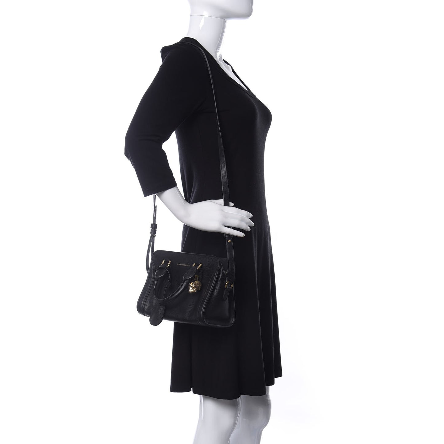 Pebbled Calfskin Mini Skull Padlock Zip Around Tote Black
