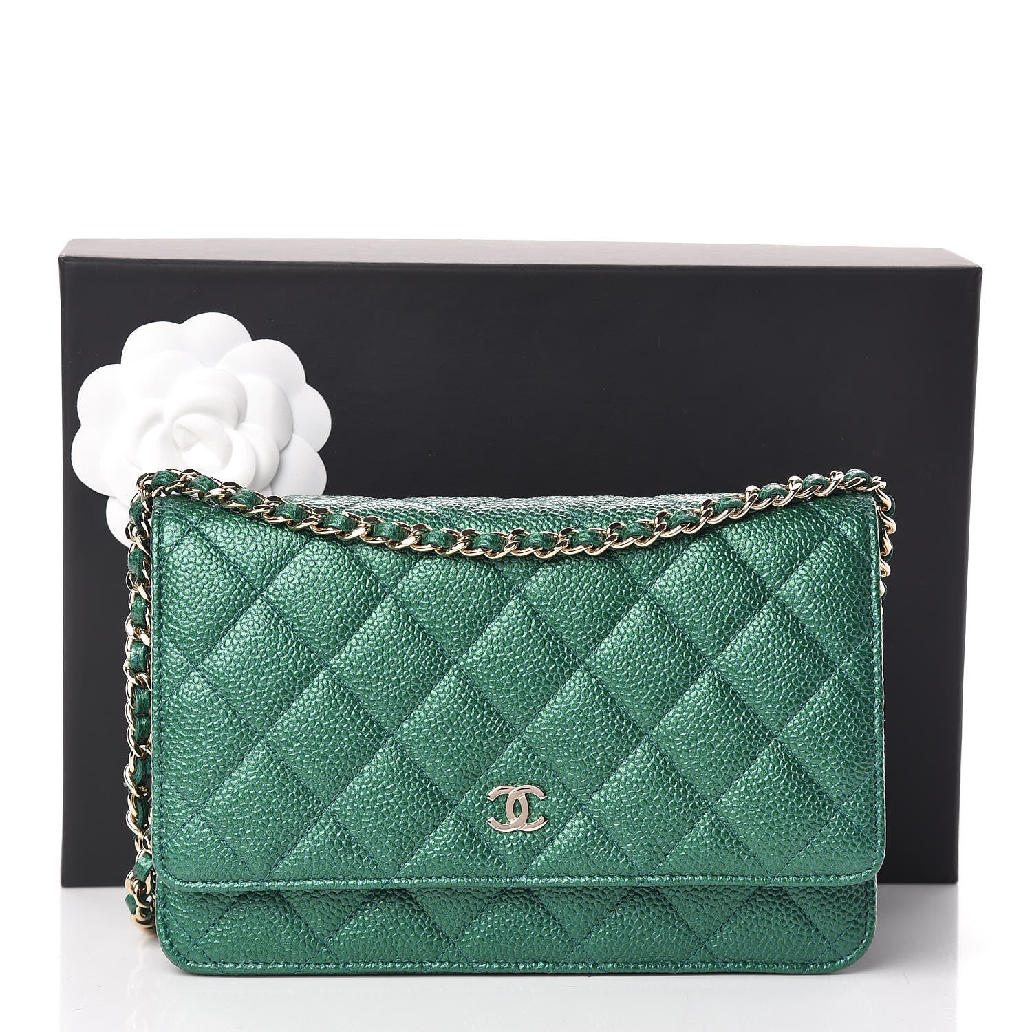 Chanel Metallic Caviar Quilted Wallet On Chain WOC Green 12 of 12