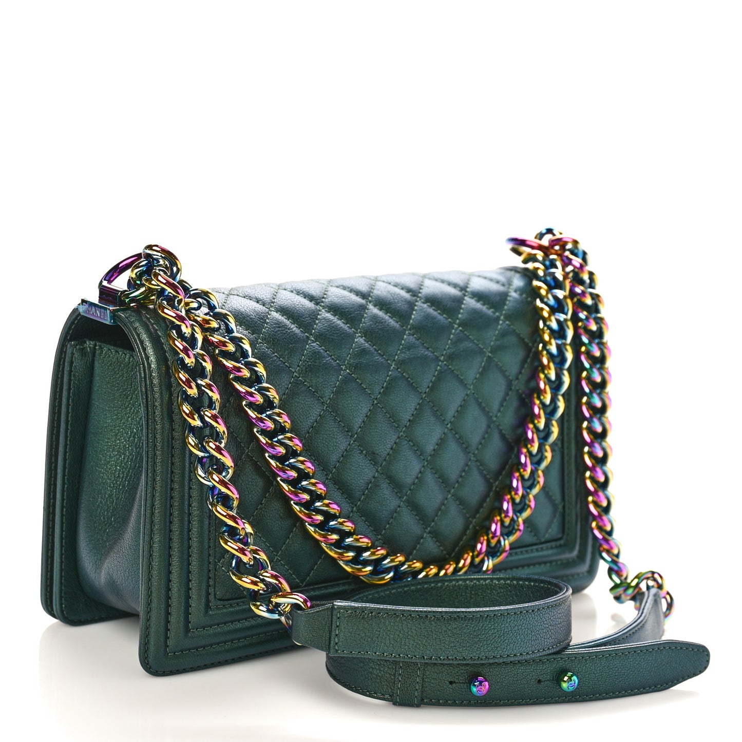 Iridescent Goatskin Quilted Medium Boy Flap Green
