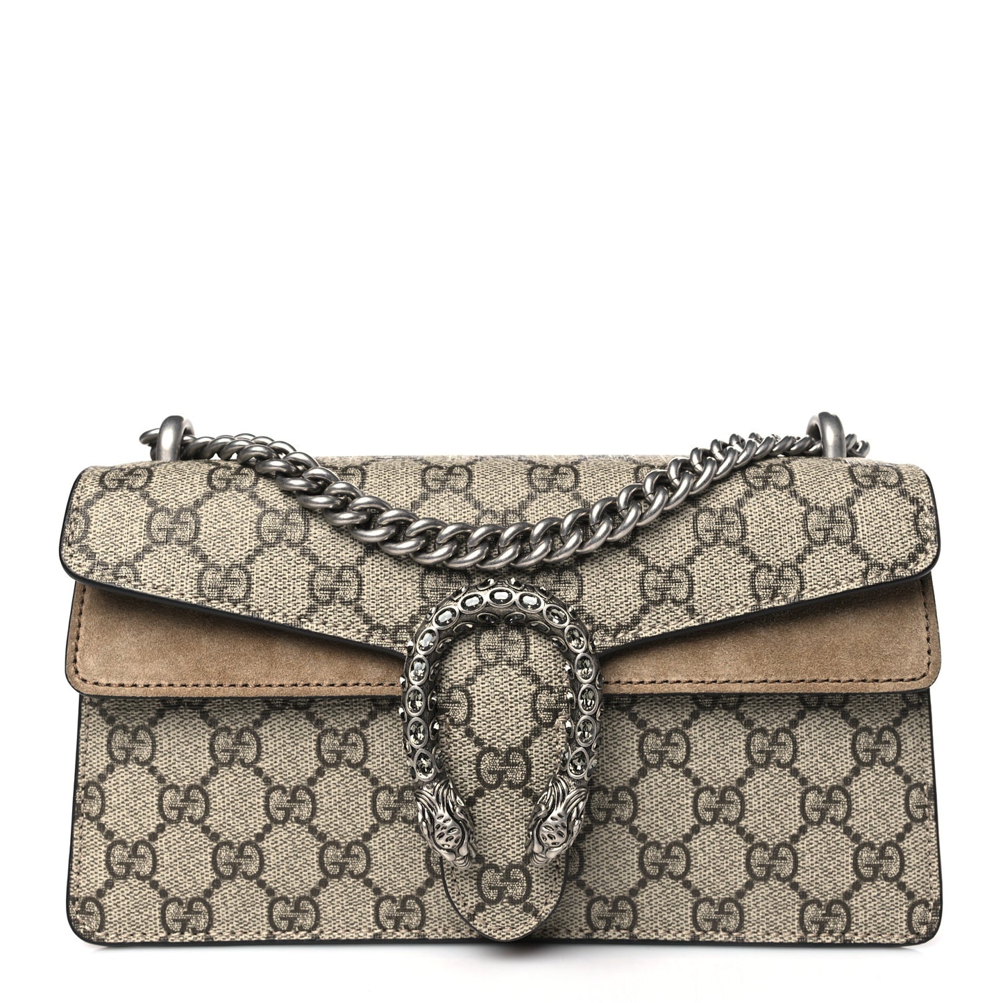 GG Supreme Monogram Suede Crystal Small Dionysus Shoulder Bag Beige Ebony Taupe
