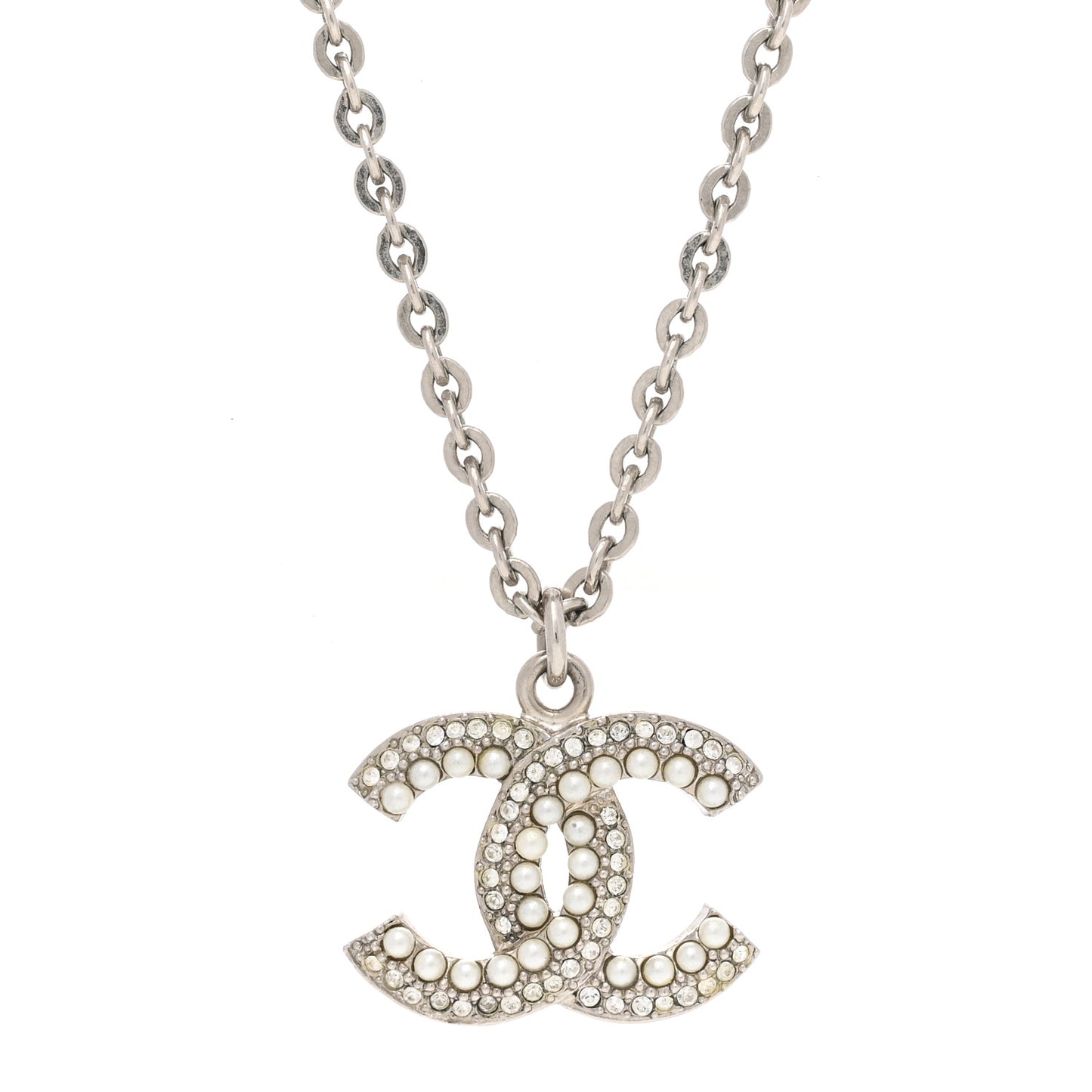 Crystal Pearl CC Pendant Necklace Silver