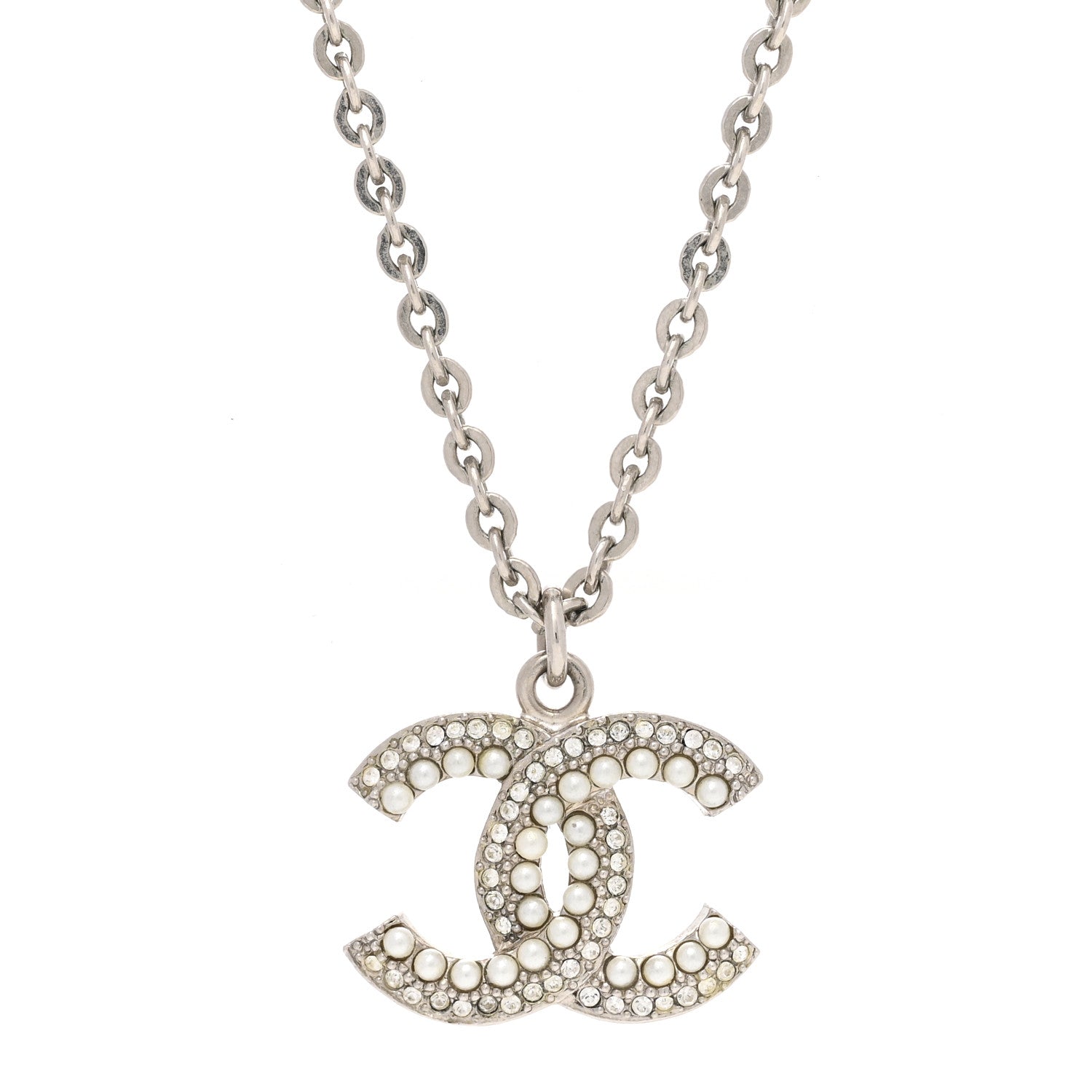 Chanel Crystal Pearl CC Pendant Necklace Silver 4 of 7