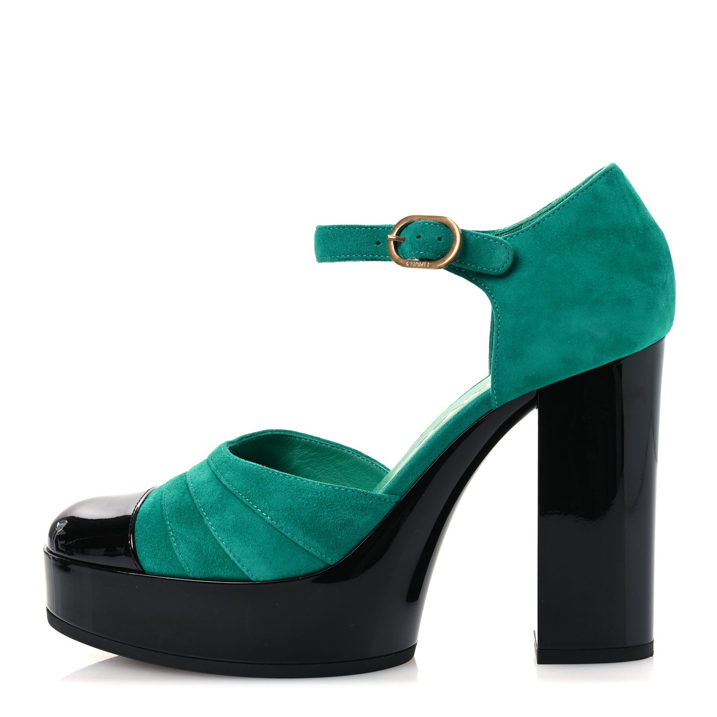 Suede Kidskin Patent Calfskin CC Platform Pumps 38.5 Green Black