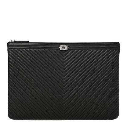 Chanel Caviar Chevron Quilted Large Boy Cosmetic Case Black 1 of 9
